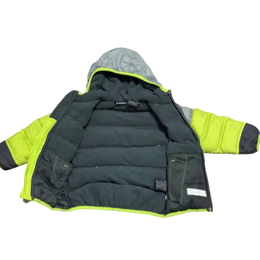 Snozu Toddler Boys 3T Grey Neon Green Navy Blue Down Fill Hooded Puffer Jacket